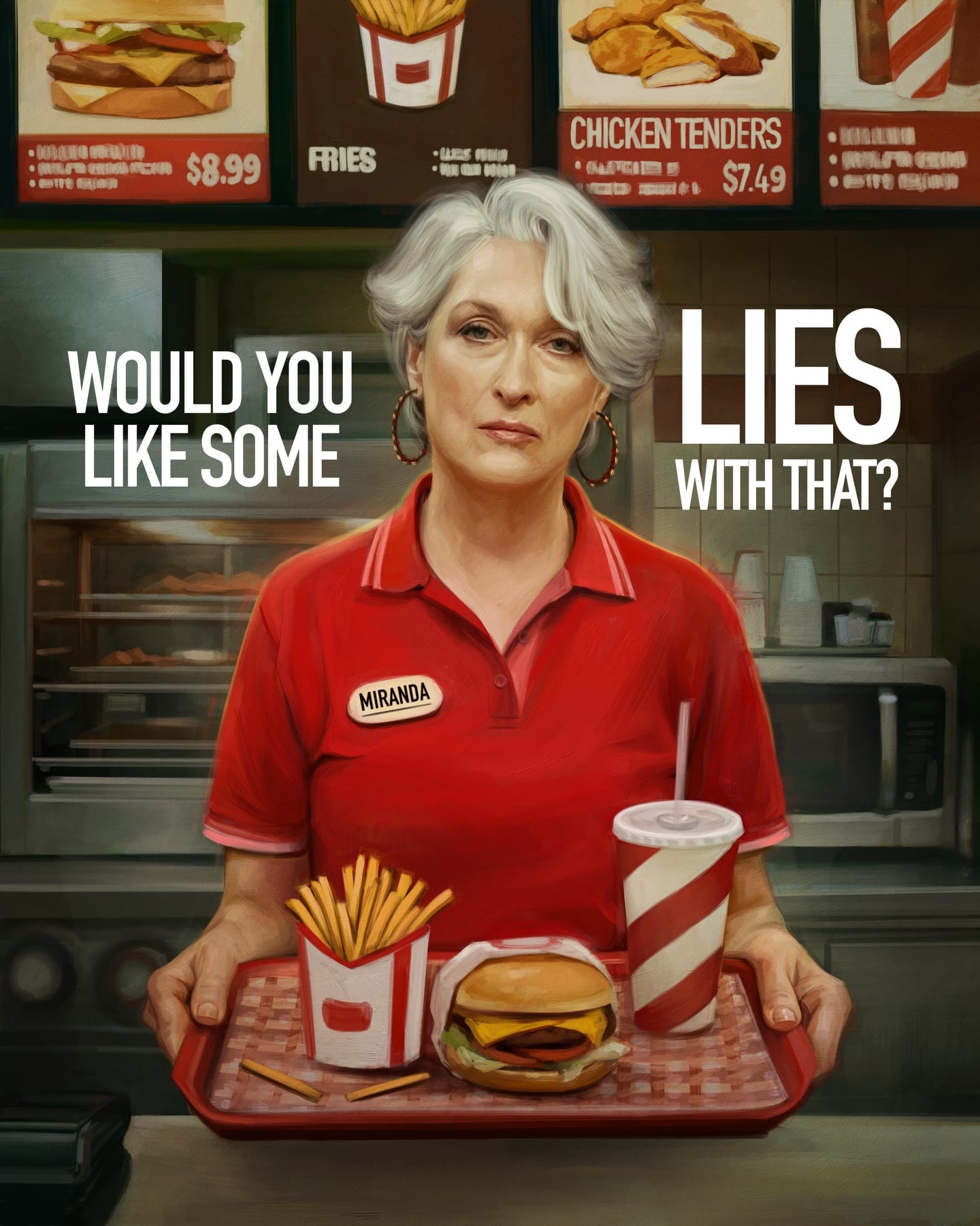 Instead of using actual AI, The Devil Wears Prada 2 commissioned artist Alexis Franklin to create a meme on Miranda Priestly for a scene.